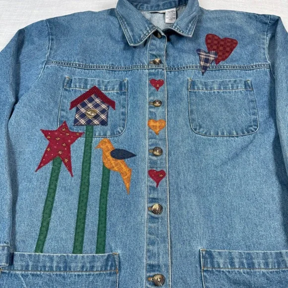 VTG Women XL Denim Coat Jacket‎ Applique Birdhouse Patchwork Cottage Barn Chore - Picture 16 of 16